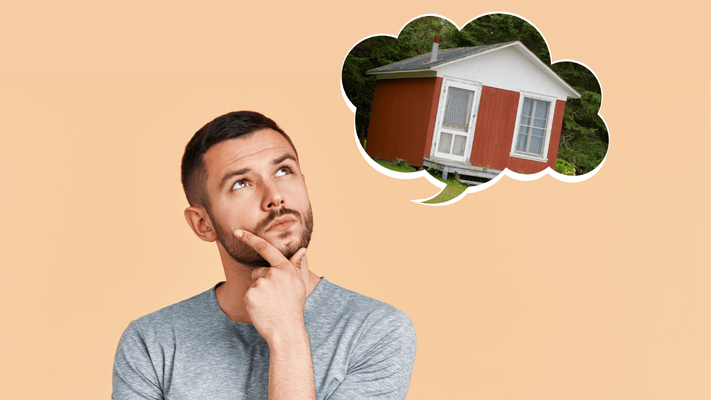 A superimposed thought bubble with a small house in it next to a person thinking.