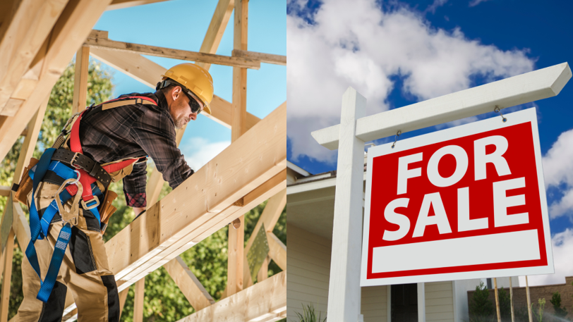 An image split down the middle with a home builder on one side and a “For Sale” sign on the other.